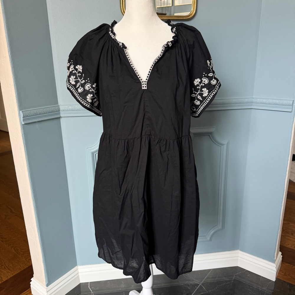 Black embroidered empire waist mini cotton dress